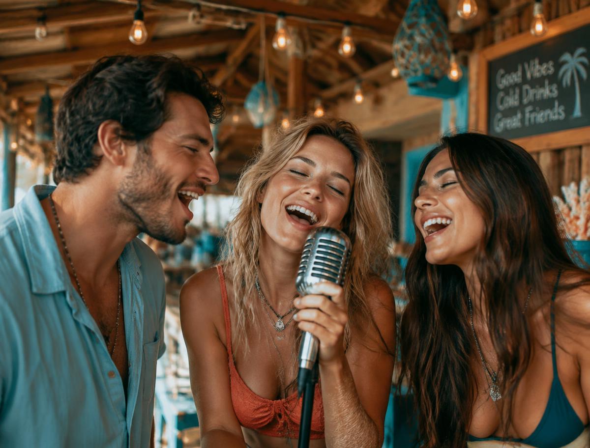 Amigos cantando karaoke en el rancho